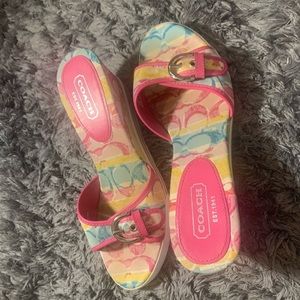 Coach Womens Perry Multicolor Buckle Slide Wedge Heel Sandals pink vintage
